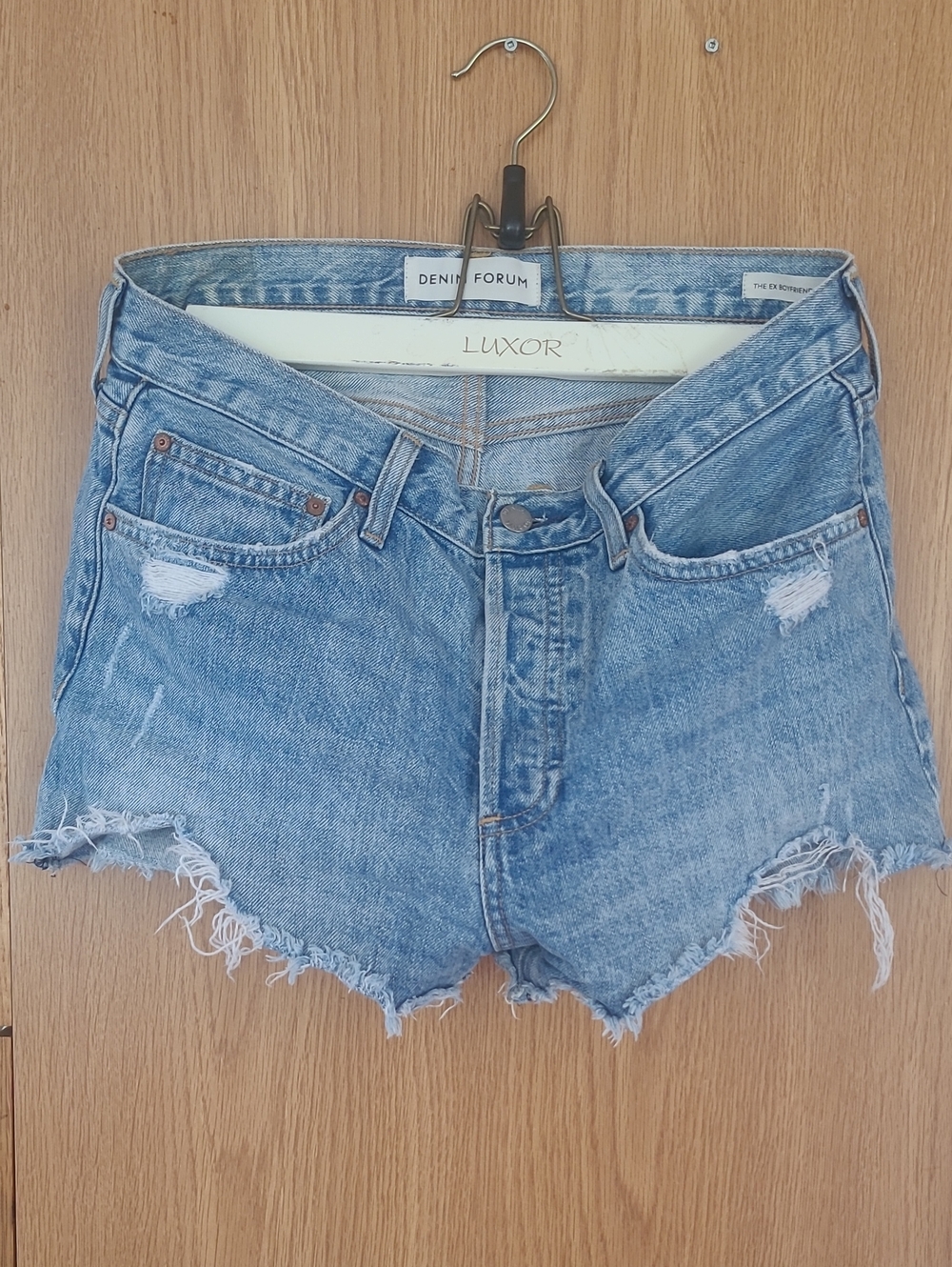 Denim Forum Light Blue Distressed Jean Shorts with Frayed Hem
